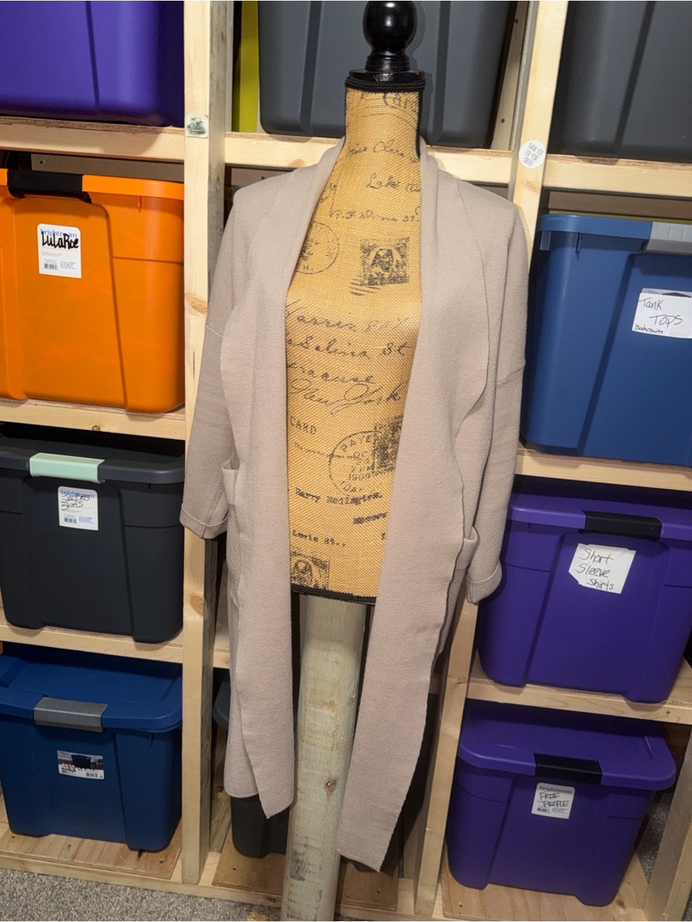 Long Open Front Heavier weight Sweater Cardigan in Soft Beige - Picture 2 of 12